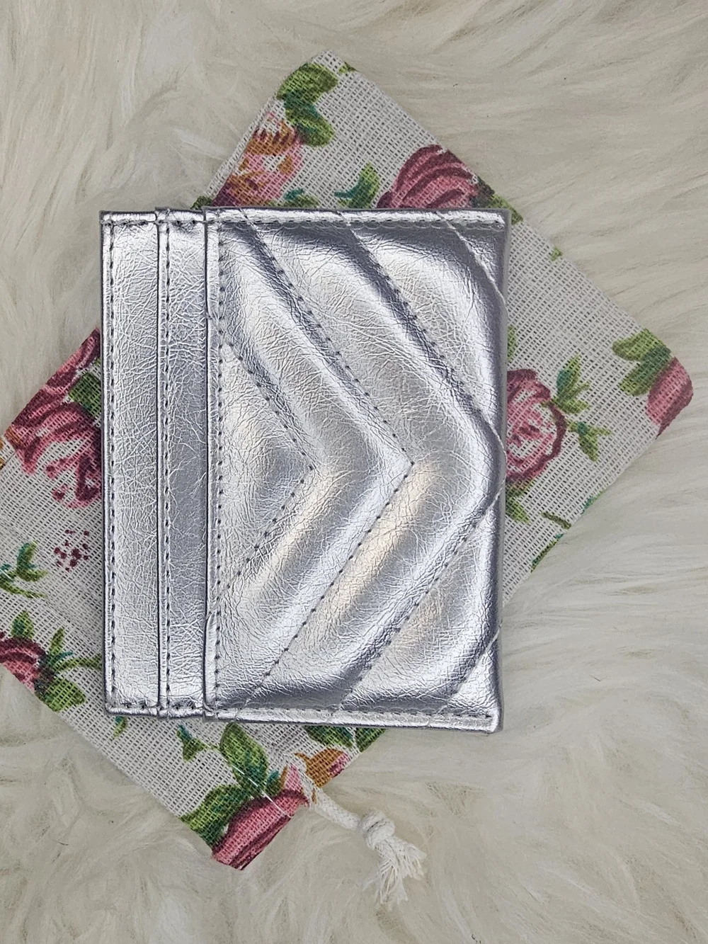 Quilted Chevron Metallic Silver Card Holder Wallet - Women Bags